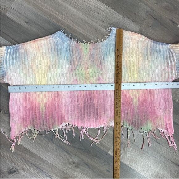 Skylar + Madison Tie Dye Distressed Crop Sweater Medium Reversible Fringe Grunge - Picture 14 of 16